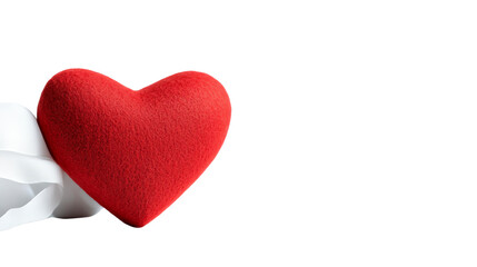 Fototapeta premium A vibrant red heart plush toy, resting on soft white fabric against a black background.