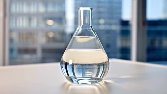 Clear glass flask filled with a light liquid,  set on a table in front of a blurred city background