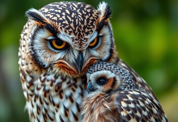 Obraz premium Adorable mother owl tenderly nuzzles her owlet, art, illustration