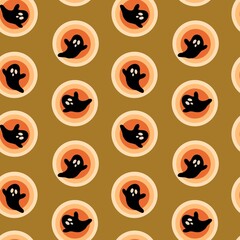 Retro Halloween Ghosts in Orange and Brown Circles Background. Retro Halloween Pop Art Style Illustration. Spooky Circle Ghosts Backdrop Decoration Repeat Seamless Pattern.