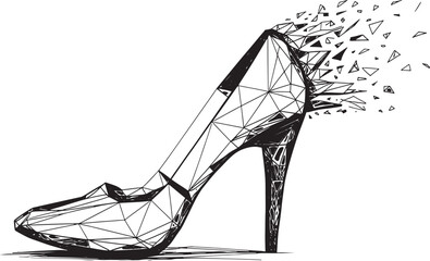 Low-Poly Digital Illustration of a High-Heeled Shoe Disintegrating into Geometric Fragments