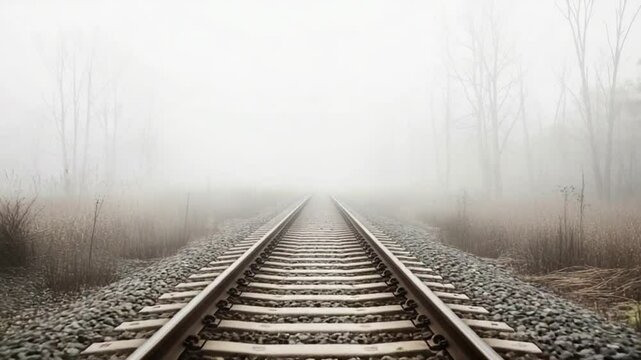 Eerie Fog Over Railway Tracks Leading Into Distance Amidst Leafless Trees in Muted Gray Hues and Misty White Atmosphere