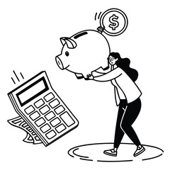 Financial Planning Illustration A Woman with Piggy Bank and Calculator Represents Saving and Budgeting for Future Goals