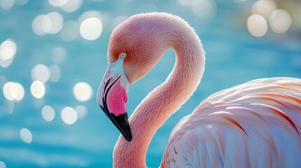 Naklejka premium Greater flamingo close up portrait with twisted head reaching its tail. Blurred blue water in backgroundWildlife photography. Beauty in nature.