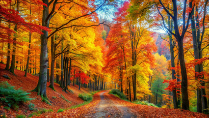 Fototapeta premium A peaceful forest brims with radiant autumn colors, embodying the essence of fall's beauty in a stunning landscape