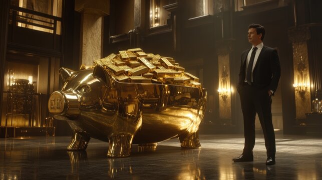 Businessman Standing Beside Large Piggy Bank Filled With Gold Bars