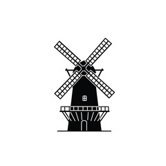 Black Silhouette Windmill Vector Icon Solvang Style