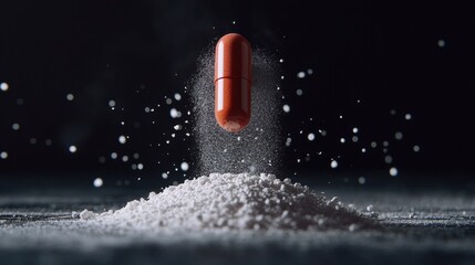 Vibrant Orange Capsule Above Pile of White Powder on Dark Background
