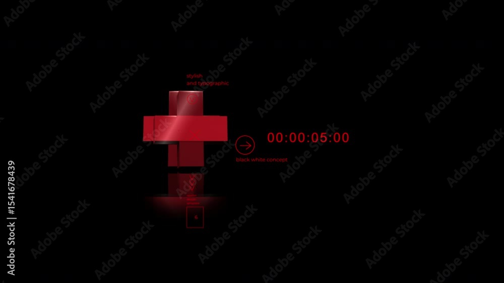 Poster red geometric opener design template with timer and black white concept on dark background