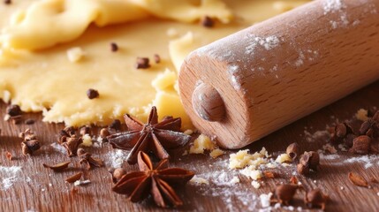 Detailed Close-Up of Rolling Pin and Dough with Spices on Wood