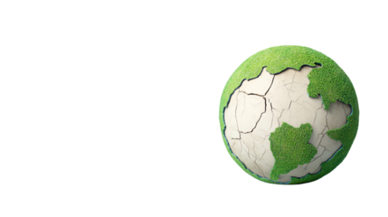 Earth globe with cracked surface and green landscape, symbolizing environmental issues and sustainability.