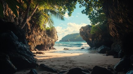 Hidden Beach with Natural Rock Arch in Tropical Paradise Scene