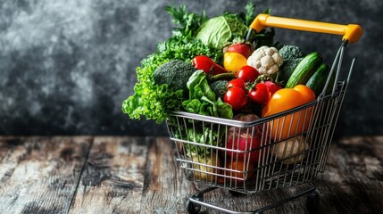 Fresh Colorful Food in Shopping Cart Against Minimalist Background