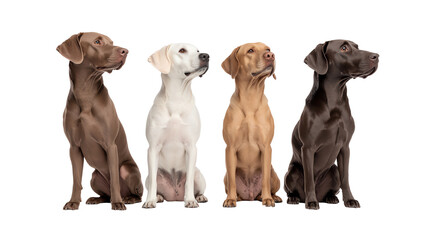 Four adorable Labrador retrievers sitting side by side, showcasing their different colors and breeds against a white background.