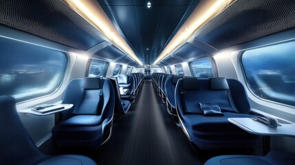 Modern European Express Train Interior with Navy Blue Seats