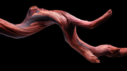 Twisted Red Driftwood on Black Background with Dramatic Lighting
