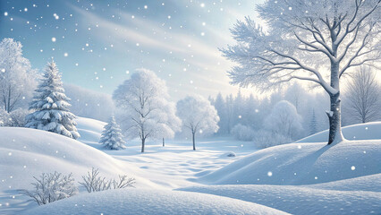 Obraz premium Snowy Winter Wonderland Landscape with Frosty Trees and Falling Snowflakes