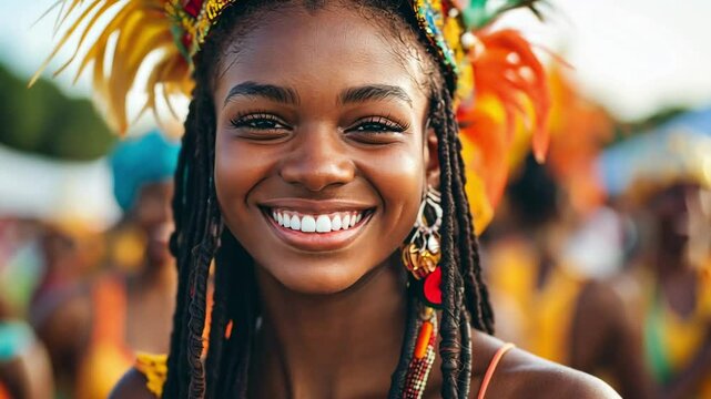 Young african woman smiling at colorful festival in traditional attire