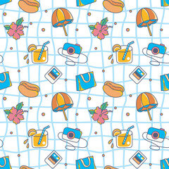 Playful Summer Seamless Pattern with Camera, Umbrella, and Juice Drink