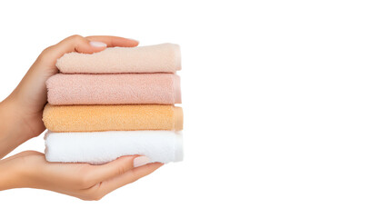 Hands holding neatly stacked colorful towels on a white isolate background.
