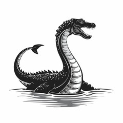 Black and white Loch Ness monster Nessie in the lake image vector isolated on white background.