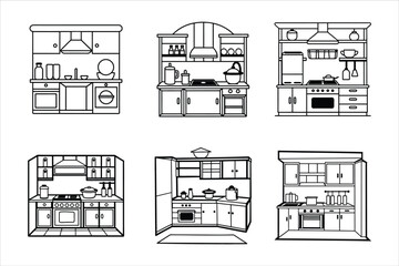 Naklejka premium Six Black and White Kitchen Cabinet Designs Line Drawings