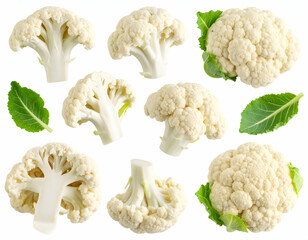 Fresh cauliflower florets and whole heads, healthy organic vegetable food ingredient, isolated on white background for culinary and dietary concepts