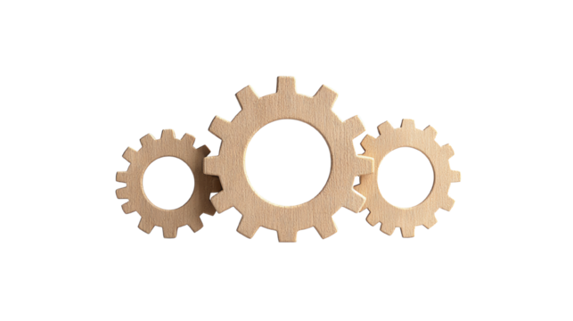 Three interlocking gears in natural wood texture against a white isolated background.