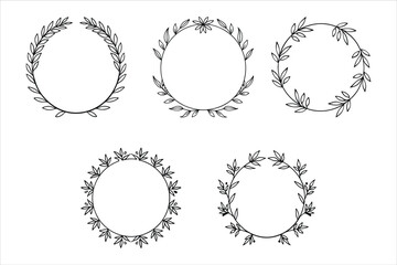 Five Black Line Art Oval Leaf Wreaths Frames leaves