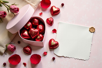 Romantic Valentine's Day photo with a composition of red heart-shaped chocolates spilling out of a delicate gift box surrounded by rose petals