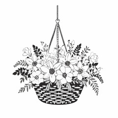 Hanging flower basket vector illustration isolated on white background.