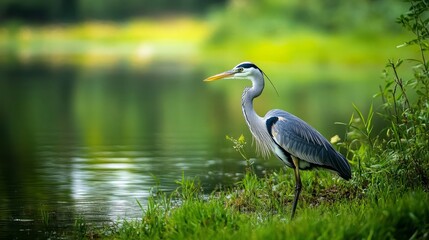Fototapeta premium Heron bird ornithology animal photography wild life scenic view with vivid green grass clean nature background copy space