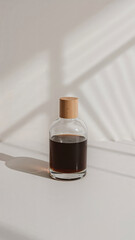 Naklejka premium Elegant Glass Bottle Filled With Dark Liquid on a Minimalist Surface