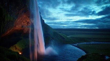Naklejka premium Iceland Waterfall Dusk, Mist, Birds, Landscape