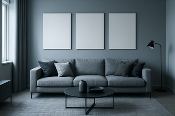 Gray Sofa Minimalist Living Room Decor Blue Walls Three Blank Canvas Prints Dark Gray Pillows Black Coffee Table