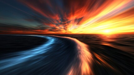 Dramatic sunset over ocean waves, motion blur