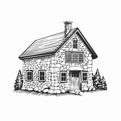 Stone house vintage image.  Illustration Stone House Stock Vector isolated on white background.