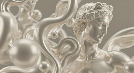 Greek bust with liquid metal and flowing abstract shapes. Modern renaissance art concept