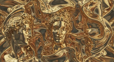 golden roman sculpture busts  on abstract fluid waves. Surreal metal background