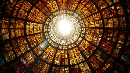 Interior view of a stained-glass dome with sunlight filtering through intricate patterns.