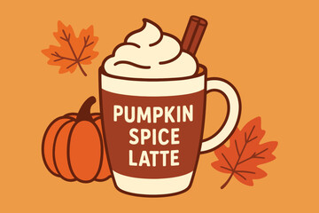 Autumn pumpkin spice latte mug with whipped cream and leaves