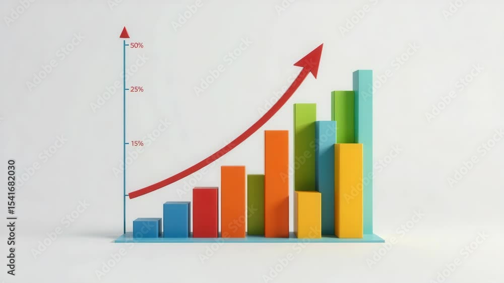 Poster a colorful 3d bar chart with a rising red arrow indicating steady growth or progress against a white