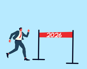 Businessman running toward 2026 finish line, symbolizing new goals, ambition, success, and determination for the future. Minimal flat style illustration