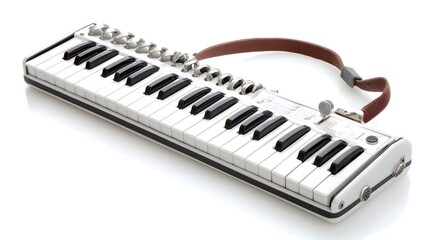A white mini keyboard with a brown strap on a white surface.