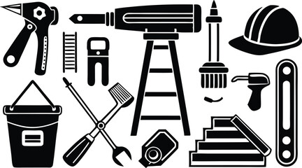Tools for repair vector icon set: hammer, saw, screwdriver, wrench, and pliers silhouettes illustrating construction and work equipment