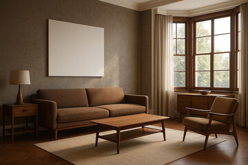 Mid Century Modern Living Room Brown Sofa Wooden Coffee Table Beige Rug Large Blank Canvas Wall Art midcentury