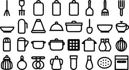 Kitchen cooking tools icon set: black silhouette vector illustration of chef's knives, pans, and coffee cups