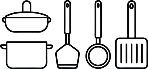 A collection of hanging stainless steel kitchen utensils and tools, including a spatula, ladle, and other cooking equipment