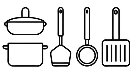 A set of stainless steel kitchen utensils, including a spoon, spatula, and ladle, isolated on a white background, perfect for cooking food