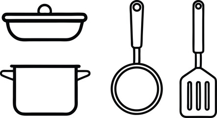 Isolated set of metal cooking utensils including a pan, strainer, and other stainless steel kitchen tools with handles
